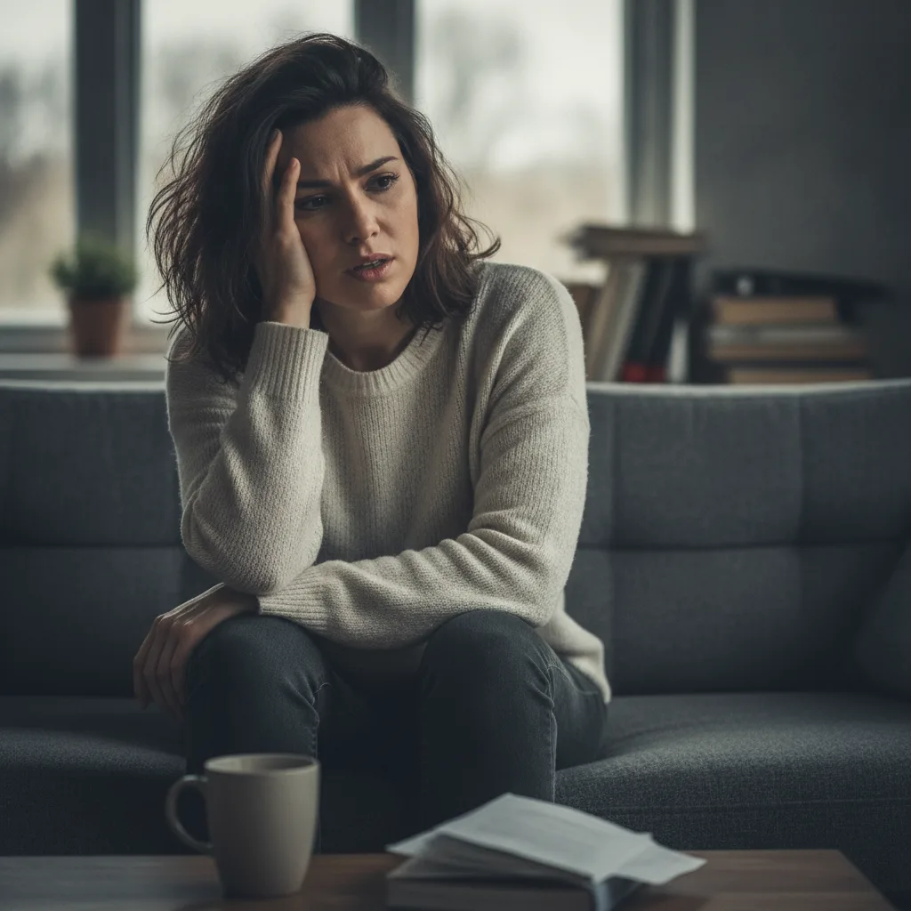 Woman with tension and stressed expression before OvaGlow